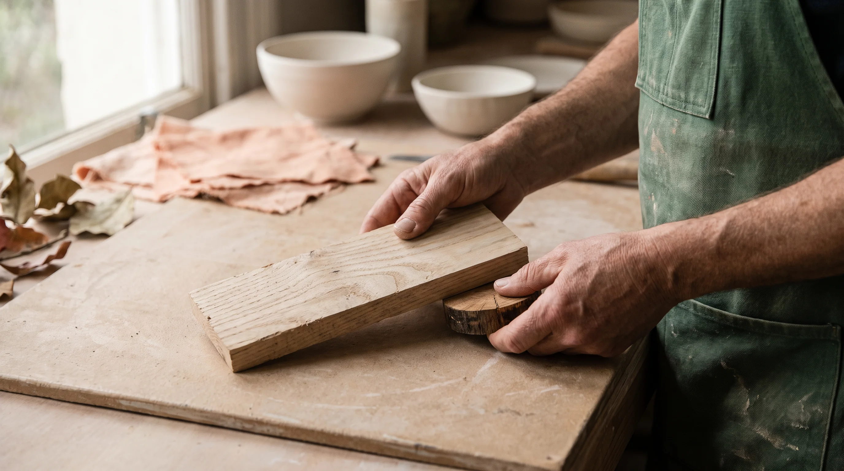 Handen die een houten proefstuk op een werktafel onderzoeken