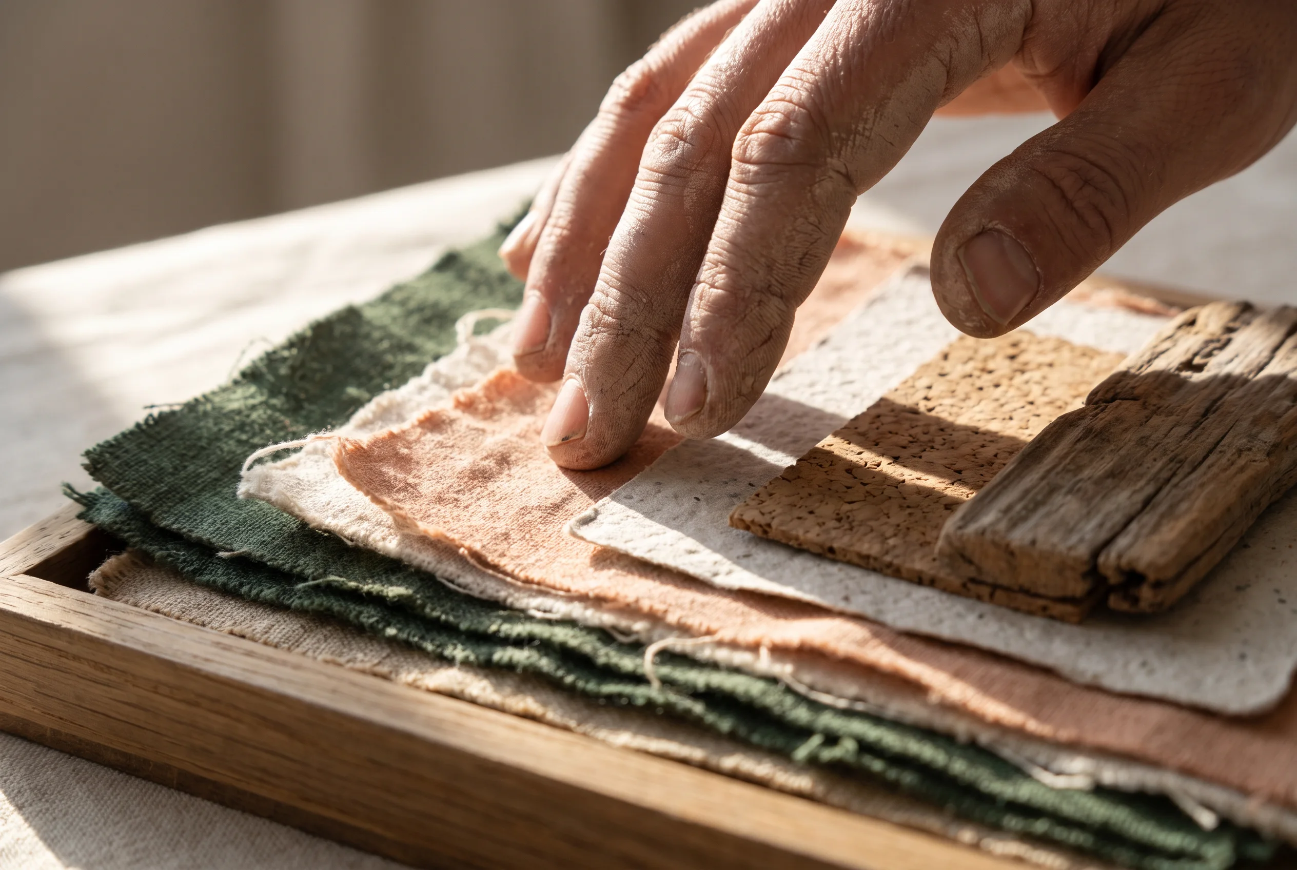 Vingertoppen die verschillende natuurlijke materiaaltexturen vergelijken