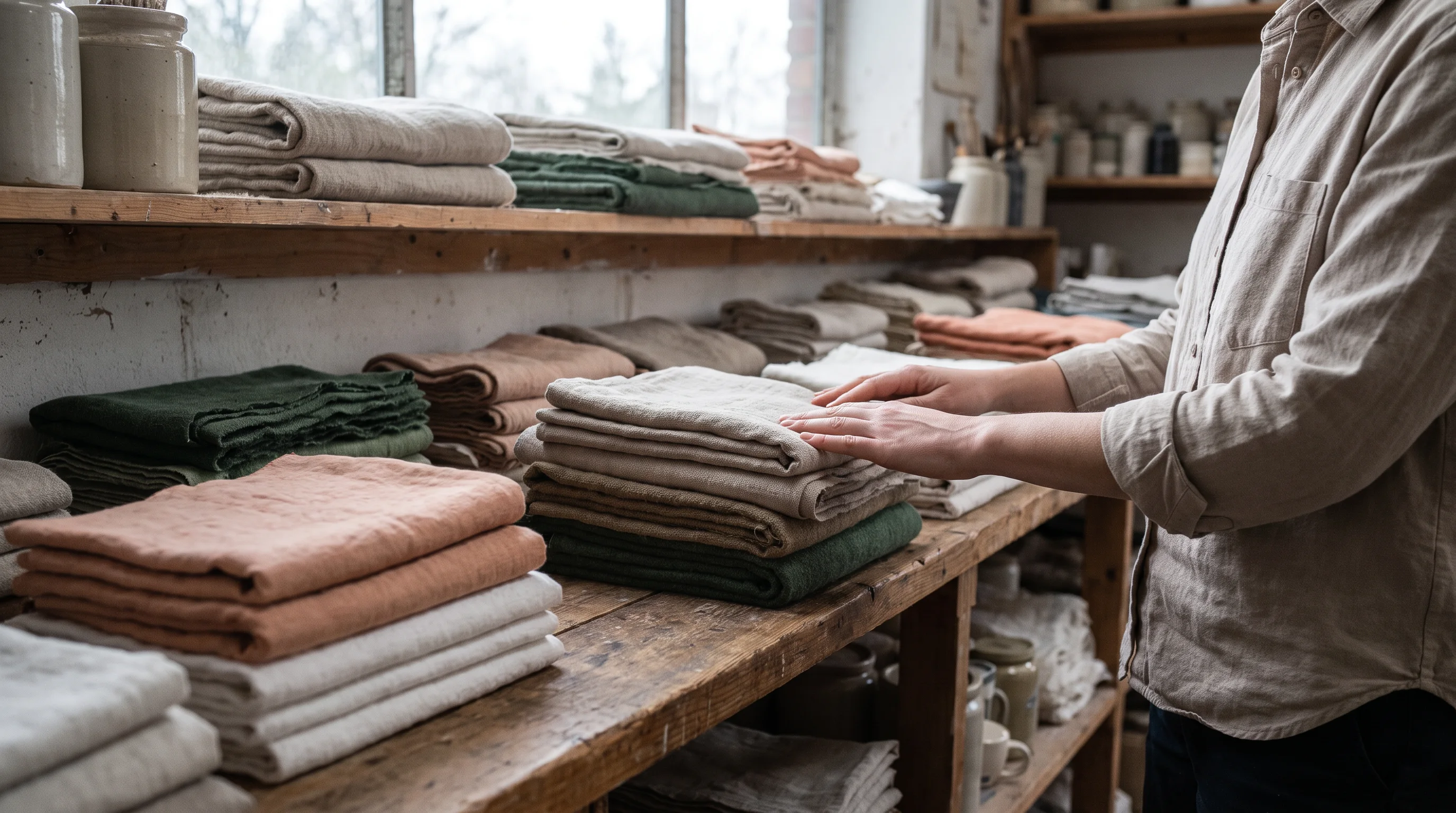 Handen bij een verzameling textiele stalen