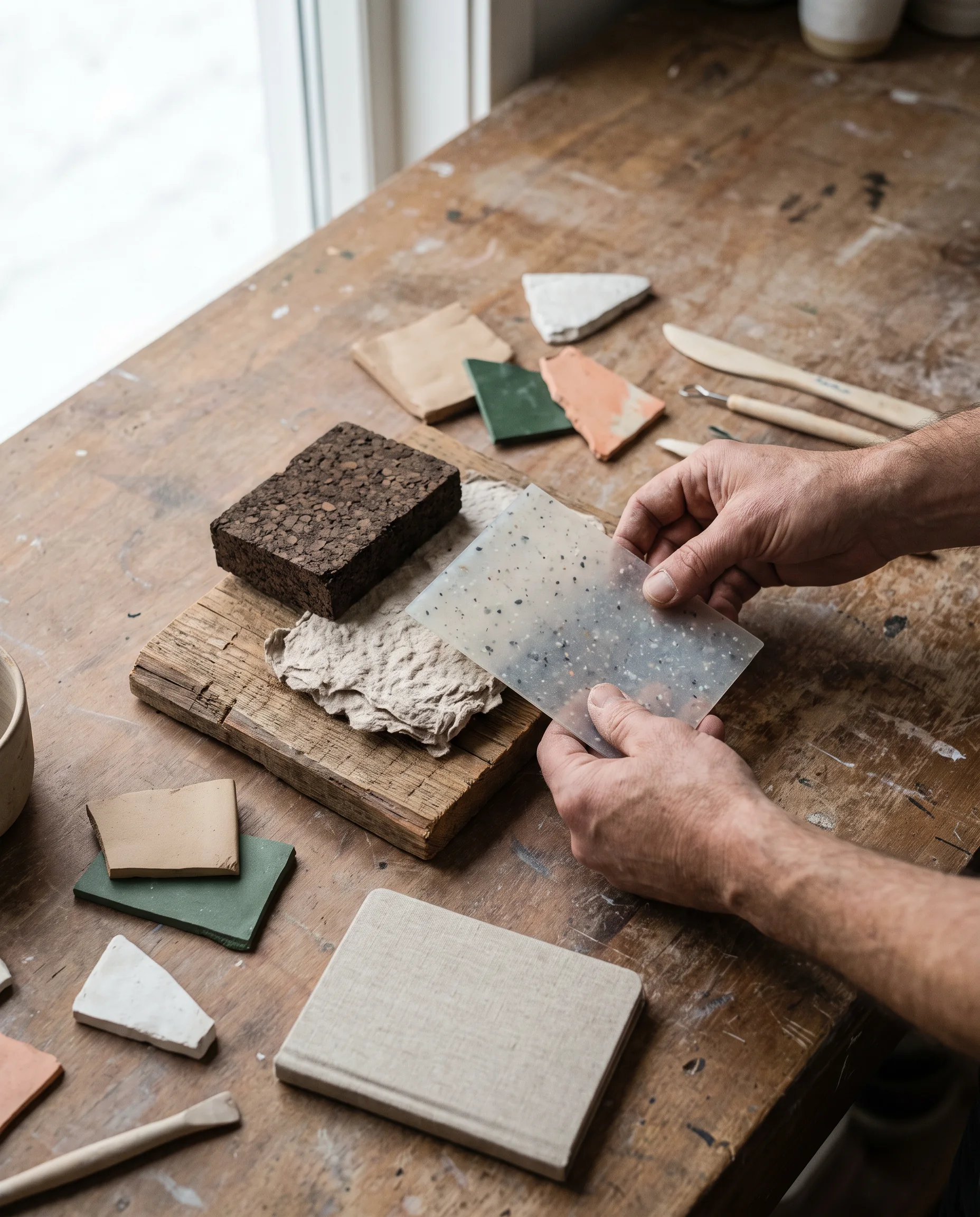 Gerecycleerde en natuurlijke materiaalstalen op een tafel