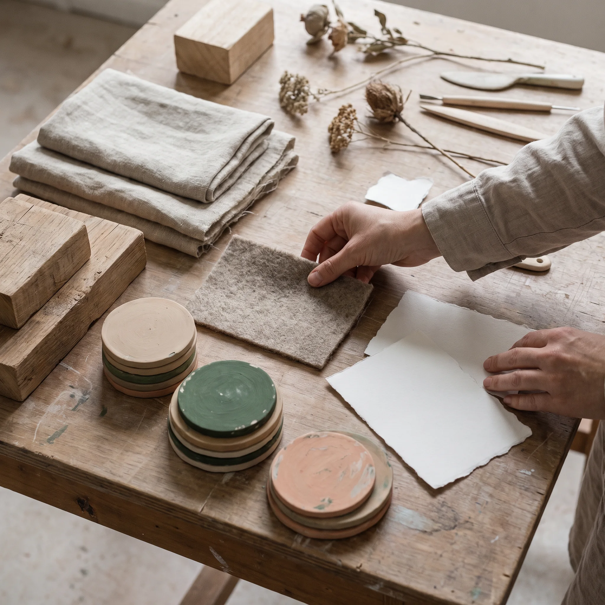 Kleur- en textuurstudie op een werktafel