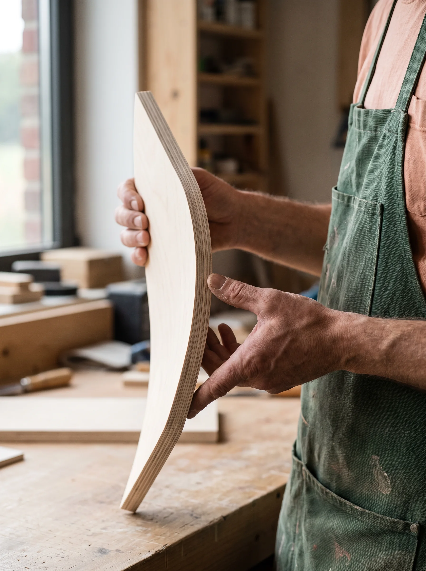 Handen die de rand van gelaagd hout bekijken